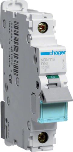 Image du produit Hager LE NDN116. Courant nominal : 16 A. Type : Type D, Quantité de modules (max) : 1 module(s). Largeur
