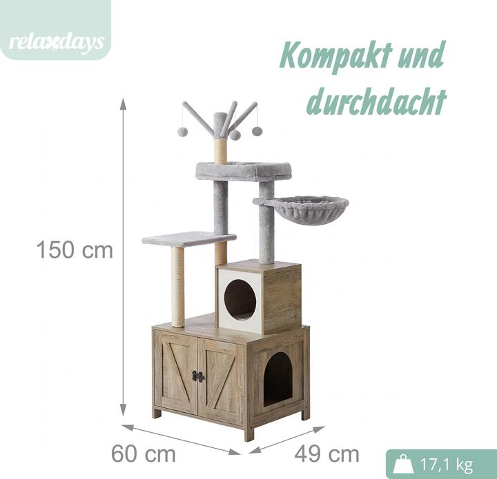 Produktbild Relaxdays Kratzbaum (150 cm, Grau, Hellbraun, Weiss)