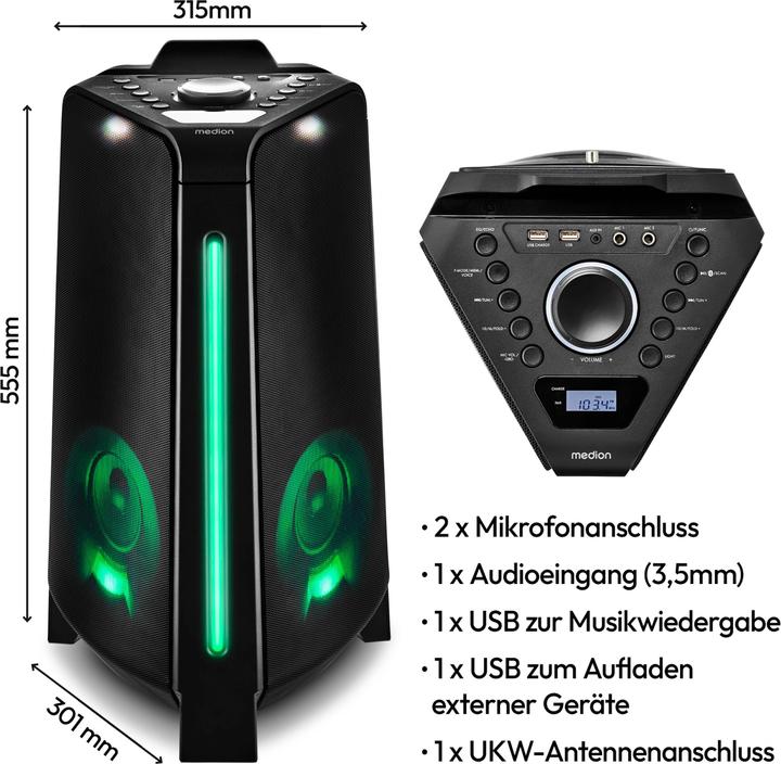 Produktbild Medion MD 43552 Partylautsprecher schwarz (4 h, Netzbetrieb, Akkubetrieb)