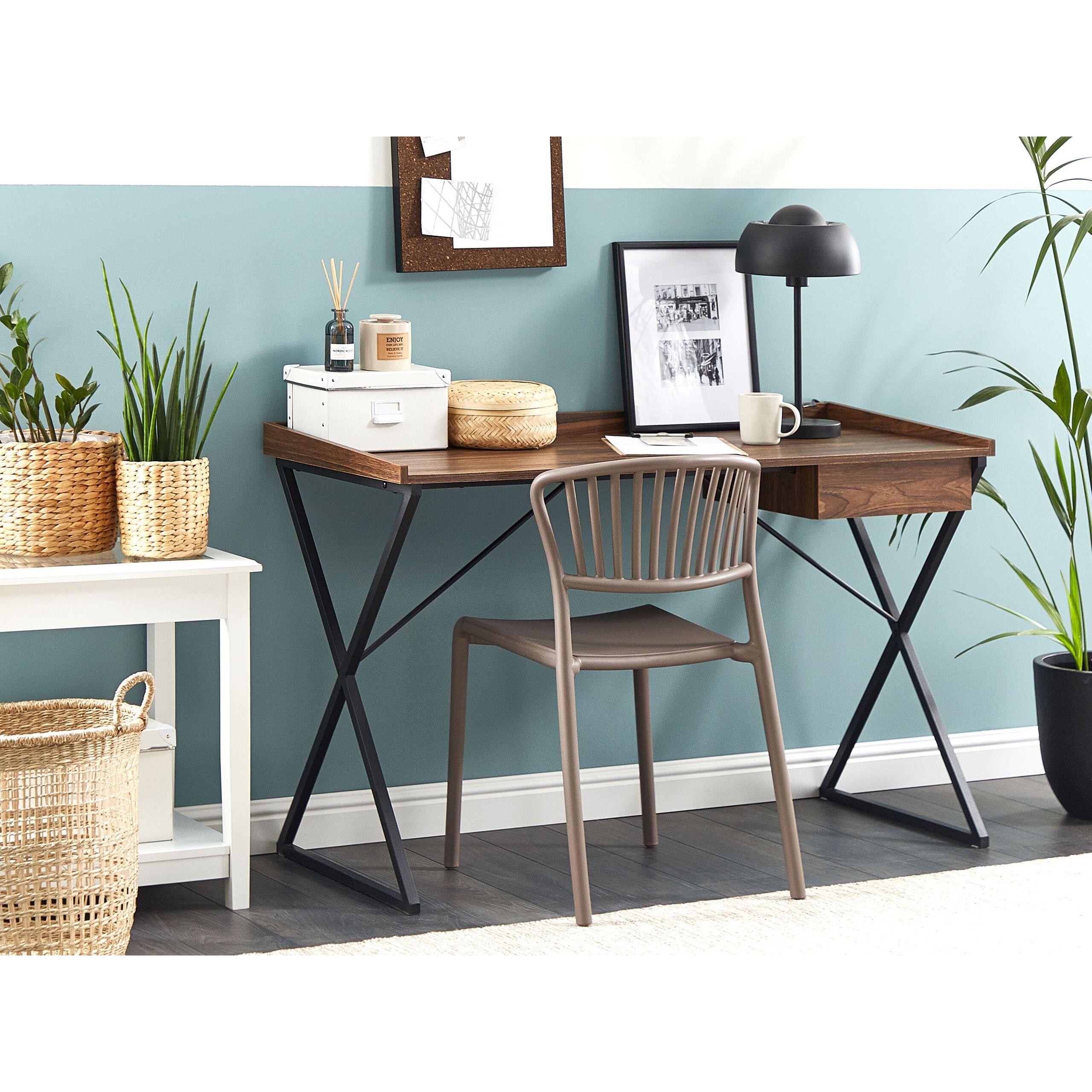 Thumbnail - Beliani, Schreibtisch, Schreibtisch dunkler Holzfarbton / schwarz 120 x 54 cm mit Schublade NOXON