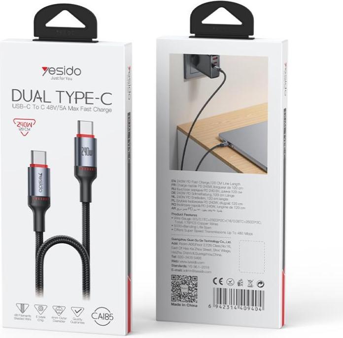 Image du produit Yesido Câble USB-C vers USB-C CA185, 240W, 1.2m, Noir (1.20 m, 240 W)