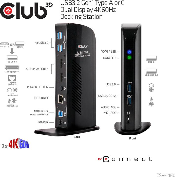 Image du produit Club 3D Station d'accueil à double affichage 4K60Hz (USB-B, 2 ports)