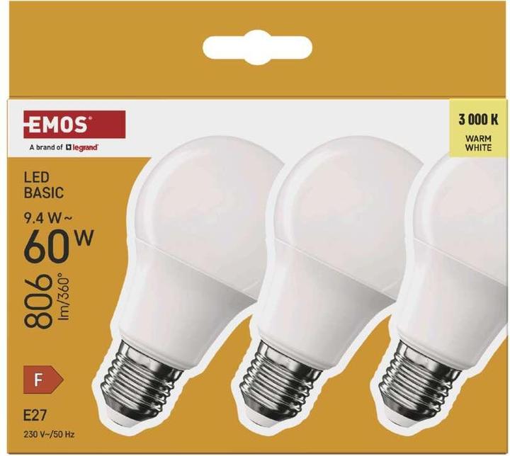 Produktbild Emos LED Lampe Basic A60 / E27 / 9,4 W (60 W) / 806 lm / Warmweiss (E27, 806 lm, 3x)