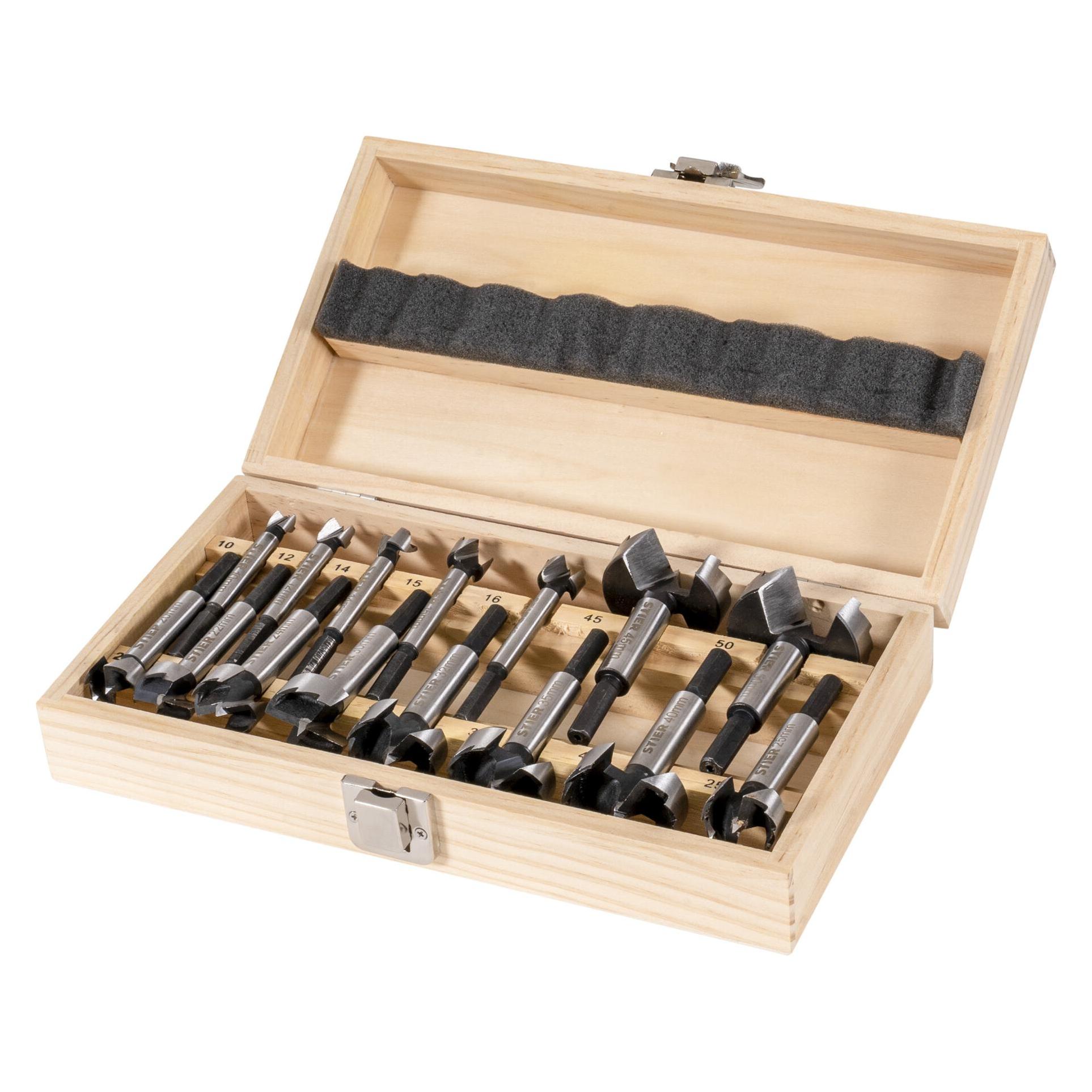 Stier Forstnerbohrer-Set in Holz-Kasette, 15-teilig (10 Millimeter, 12 Millimeter, 14 Millimeter, 15 Millimeter, 16 Millimeter, 24 Millimeter, 25 Millimeter, 30 Millimeter, 32 Millimeter, 35 Millimeter, 4-22 Millimeter, 40 Millimeter, 45 Millimeter, 50 Millimeter, bis 20 Millimeter) (83146665)