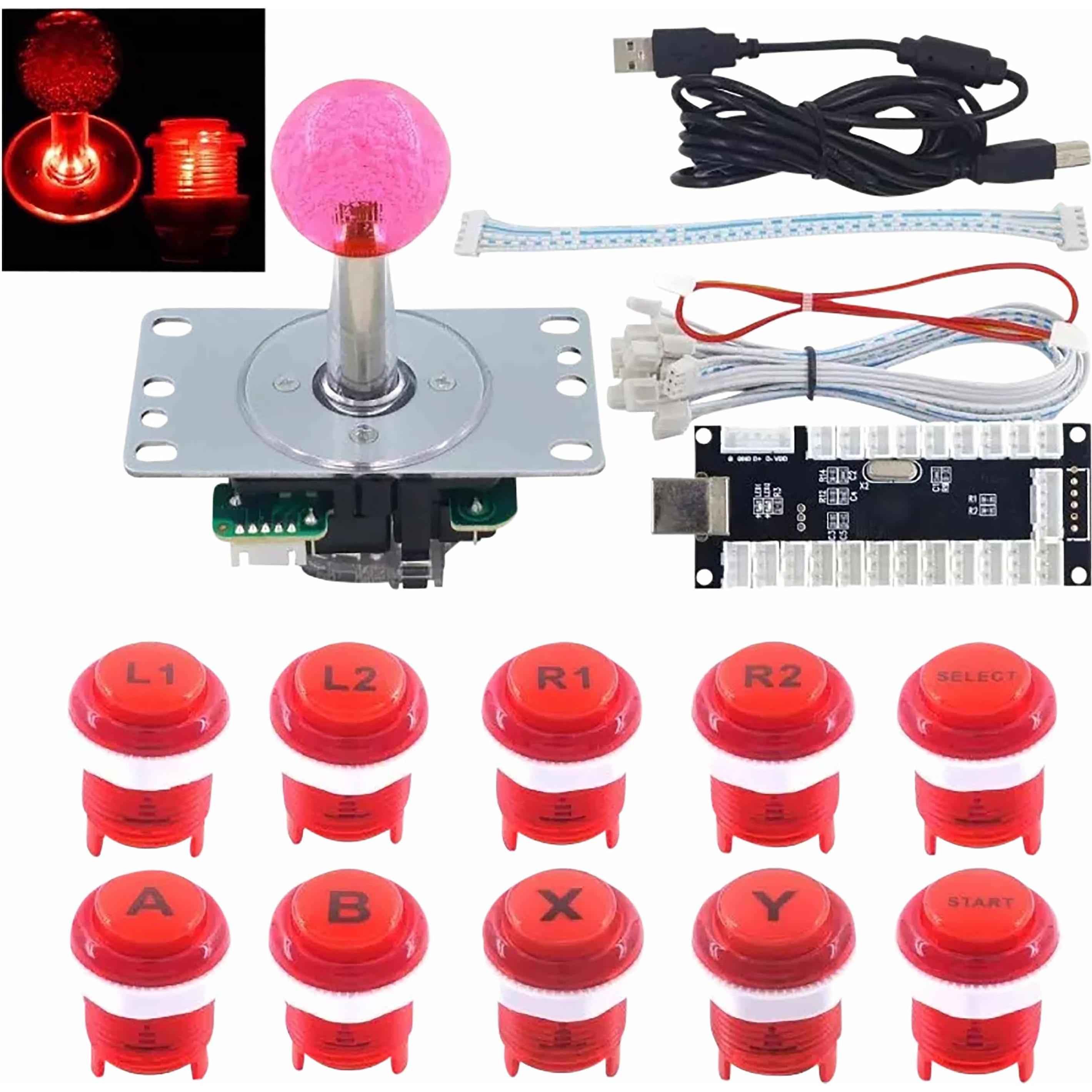 NoName Kit di pulsanti e joystick arcade retroilluminati a LED - ROSSO (Lampone Pi 3), Accessori per controller gaming, Rosso