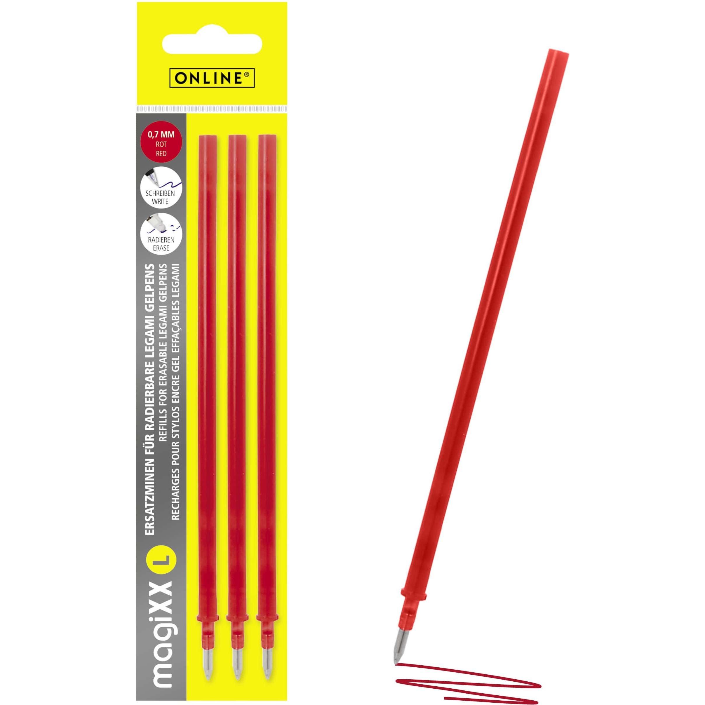 Online, Cartucce di ricambio, 3er Pack Gel-Mine magiXX L radierbar, rot (3 pz., Rosso, 0.70 mm)