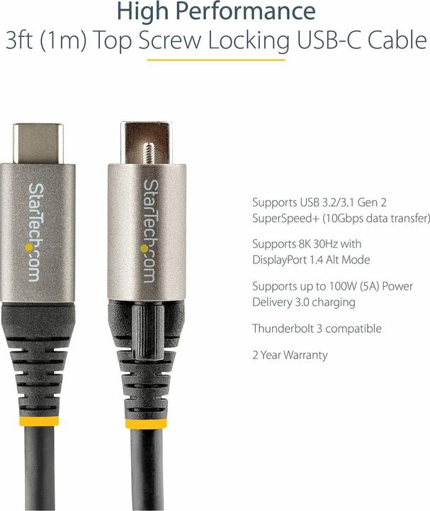 Immagine prodotto StarTech .com 3ft 1m Top Screw Locking USB C Cable 10Gbps, USB 3.1/3.2 Gen 2 Type-C Cable, 100W (5A) Power De (1 m, USB 3.2 Gen 2, 20 W)