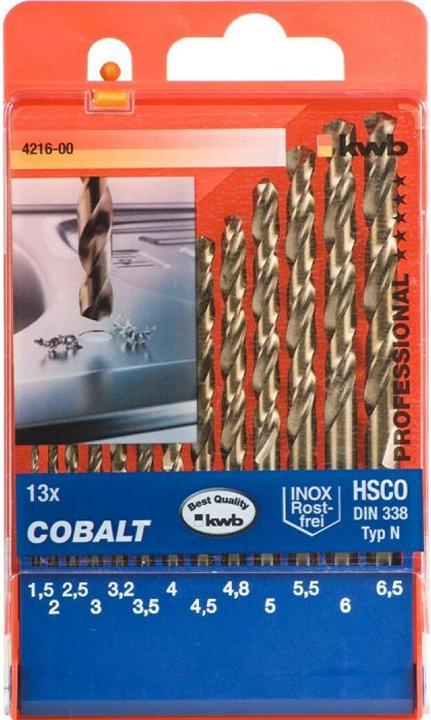 Actual product image kwb COBALT Twist drill set 13 pcs. (1.5 mm, 2 mm, 2.5 mm, 3 mm, 3.5 mm, 4 mm, 4.5 mm, 5 mm, 5.5 mm, 6 mm, 6.5 mm, 3.3 mm, 4.2 mm)