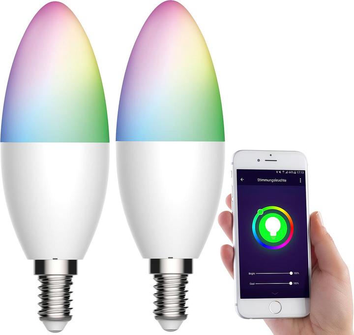 Image du produit Luminea Lot de 2 ampoules LED WLAN, pour Amazon Alexa/GA, E14, RGB, CCT, 5,5 W (E14, 470 lm, 2 x)