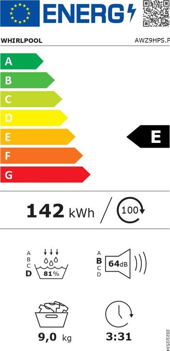 Energie-Label Whirlpool Wäschetrockner AWZ9 HPS Pro Rechts/Wechselbar (9 kg, Wechselbar, Rechts)