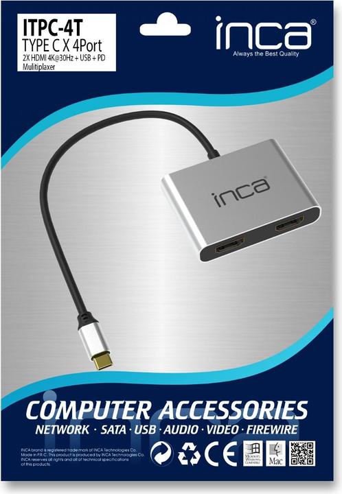 Actual product image Inca Adapter ITPC-4THubX4 2HDMI 4K 30Hz,4 in 1 USB Type C (HDMI, USB 2.0, USB-C)