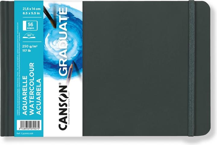 Canson GRADUATE watercolour sketchbook, 216 x 140 mm black, 28 sheets, fine-grained paper 250 gsm, Hard