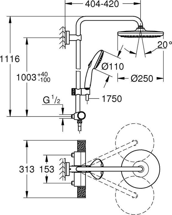 Produktbild Grohe Vitalio Start System 250 Duschsystem mit Thermostatbatterie, Schweizer Stichmass, variable Bohrlöche