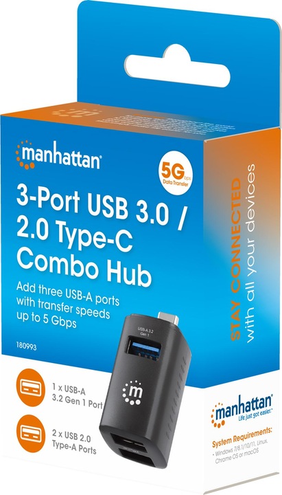 Produktbild Manhattan 3-Port USB 3.0 / 2.0 Typ-C Kombo-Hub (USB-C, 3 Ports)