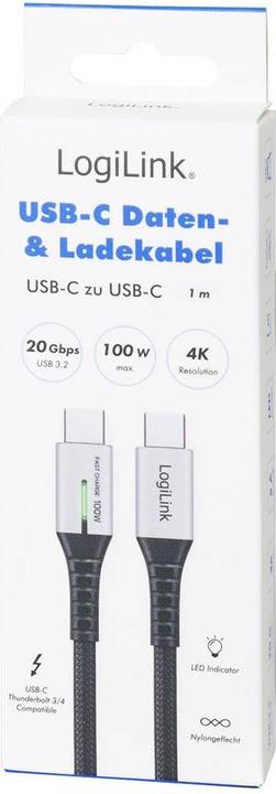 Produktbild LogiLink USB 3.2 Gen2x2 Type-C-Kabel, C/M zu C/M, 20 Gbit/s, 100W, 4K, LED, Metall, schwarz, 1 m (1 m, USB 3.2 Gen 2x2, 100 W)