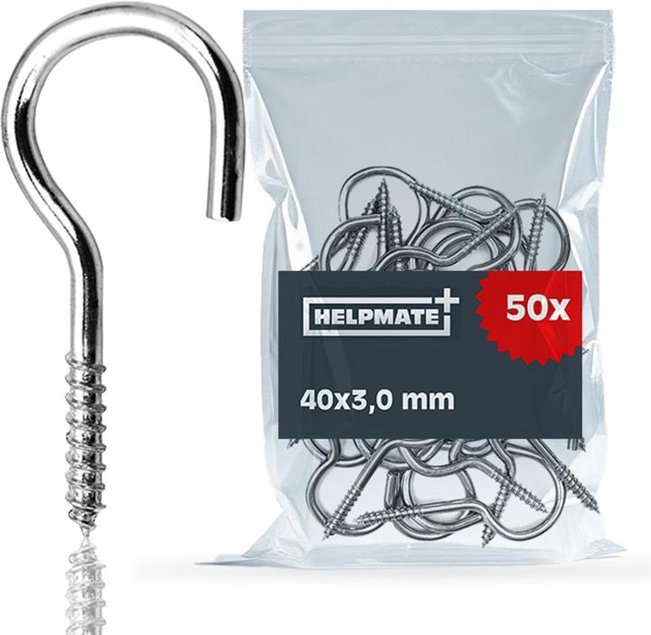 Helpmate Schraubhaken, 40 × 3,0 × 15 × 9 mm, gebogen, Stahl, verzinkt, Holzgewinde (50 Schrauben pro Stück)