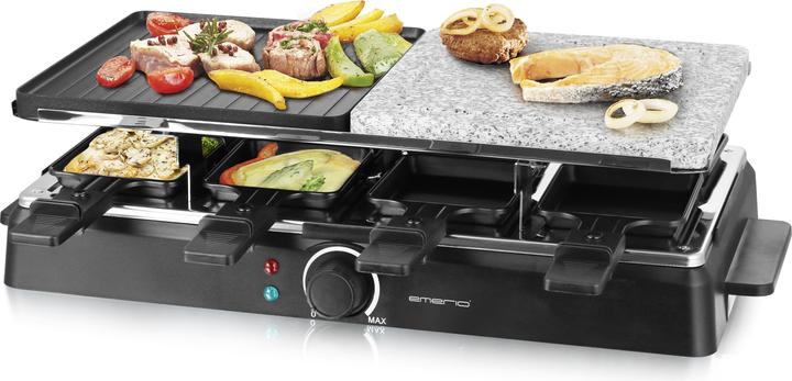 Actual product image Emerio Raclette grill, 8 pans, non-stick stone and grill plate
