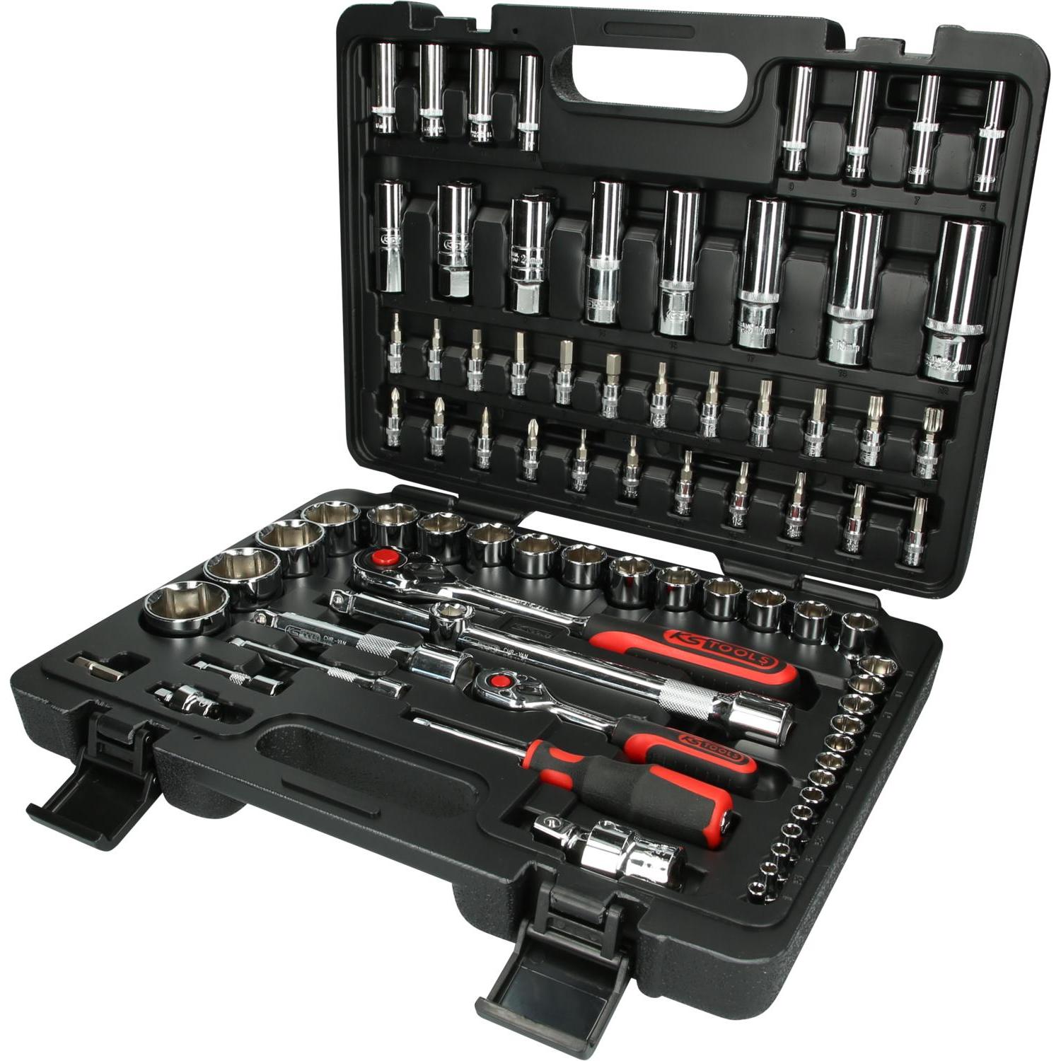 KS Tools, Steckschlüssel + Stecknuss, 1/4" + 1/2" CHROMEplus Steckschlüssel-Satz, 78 Teile, Flank Traction (1/4", 1/2")