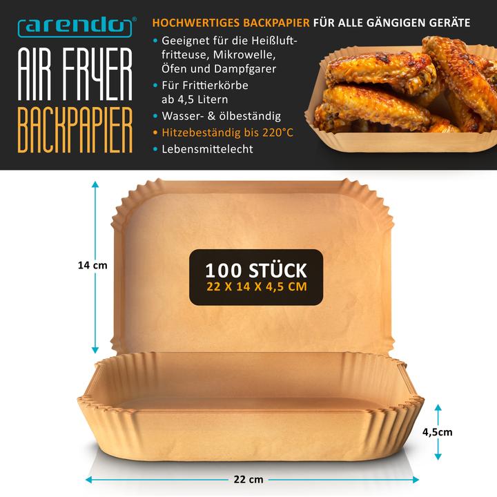 Produktbild Arendo Backpapier für Heissluftfritteuse 4,5-10 L, 100 St., 22x14x4,5 cm, Antihaft, für Airfryer, Ofen usw.