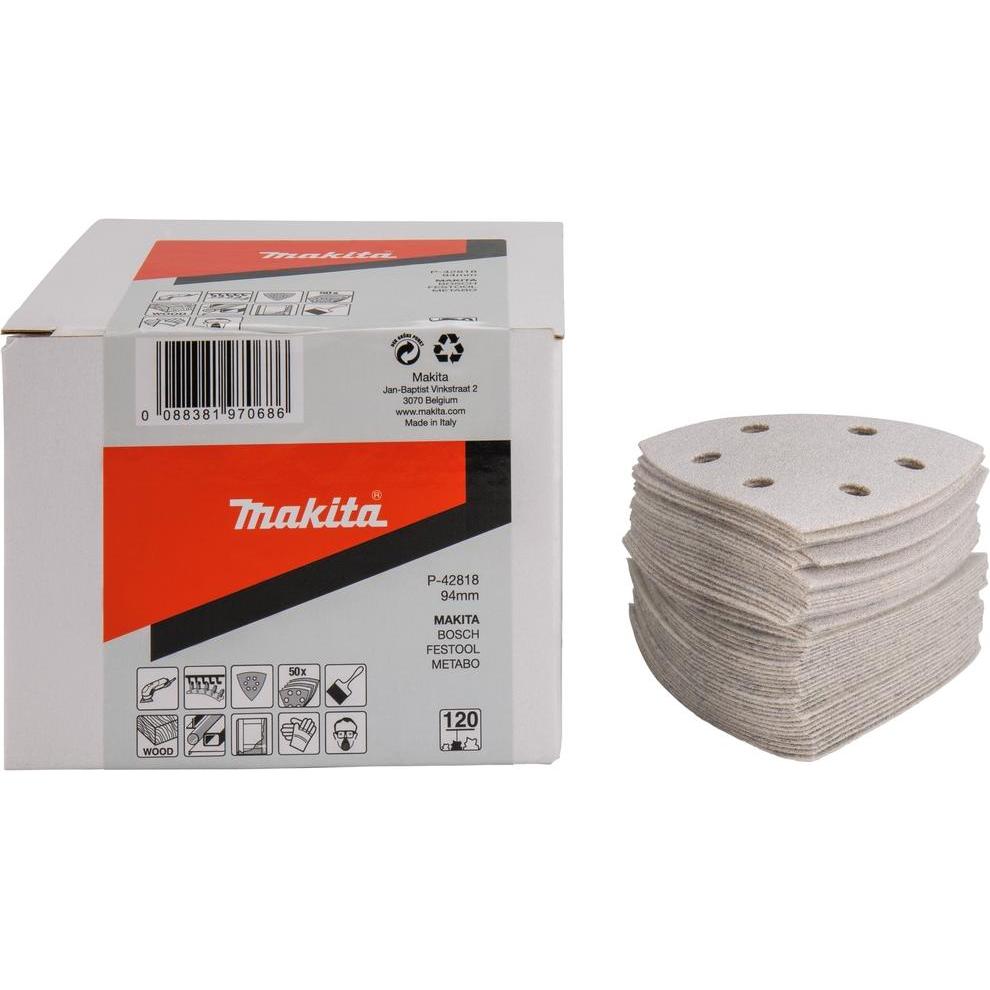 Makita, Abrasivi, Carta vetrata, velcro, 94 x 94 (6 fori), grana 120, 50 pezzi. (120)