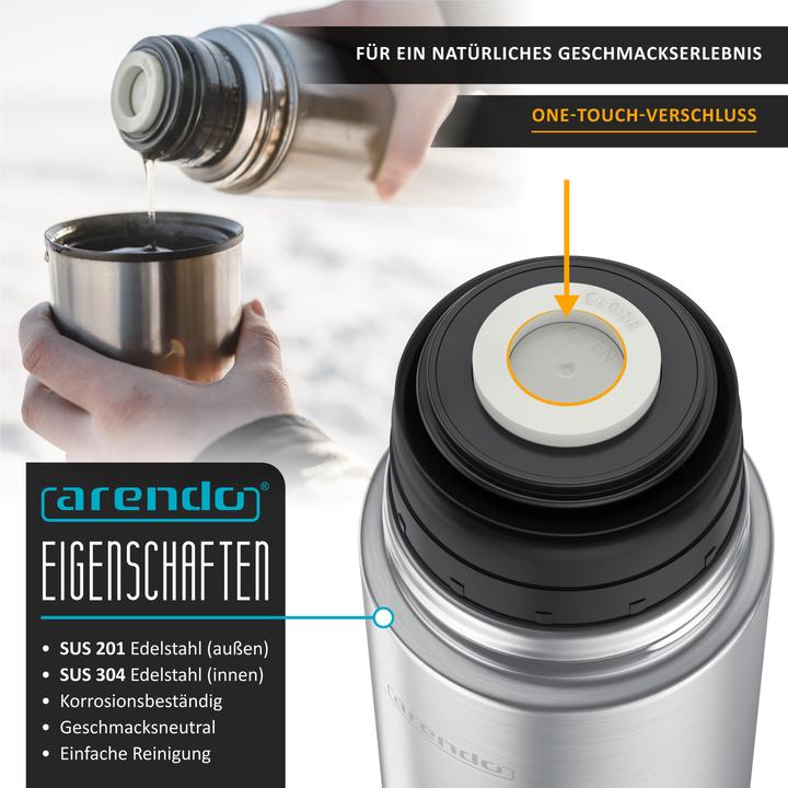 Produktbild Arendo Thermobecher 0,7l Edelstahl, doppelwandig isoliert, auslaufsicher, vakuumisoliert, 12h/24h warm/kalt
