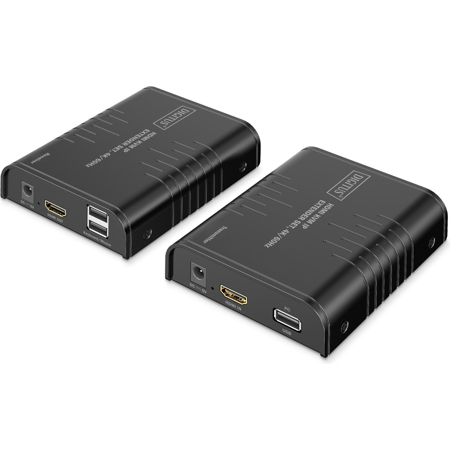 Digitus Set di estensione HDMI KVM IP, 4K/60Hz, Switch KVM, Nero