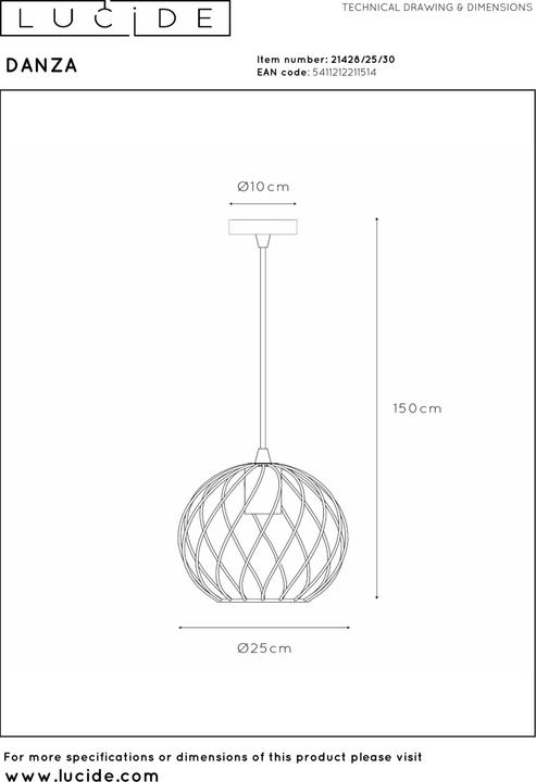 Immagine prodotto Lucide DANZA - Lampade a sospensione - Ø 25 cm - 1xE27 - Nero 21428/25/30 (E27)