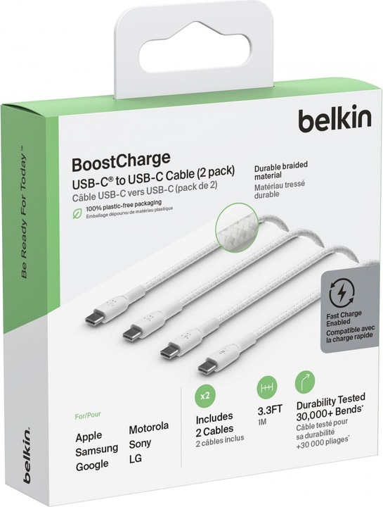Actual product image Belkin USB-C to USB-C Braided PVC 1m Twin Pack (1 m, USB 2.0)