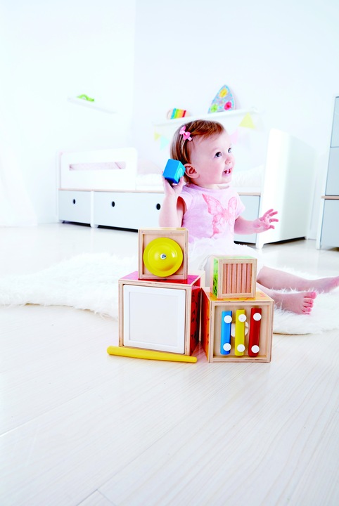 Actual product image Hape Music Stacking Cube (English, French, Italian, German, Spanish)