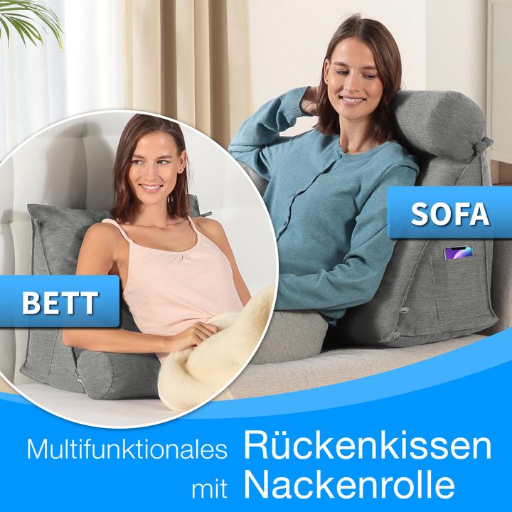 Actual product image Aktivshop Rückenkissen Bett/Sofa mit Abnehmbarer Nackenrolle und Seitentasche, Rückenstützkissen mit (55 x 50 x 30 cm)