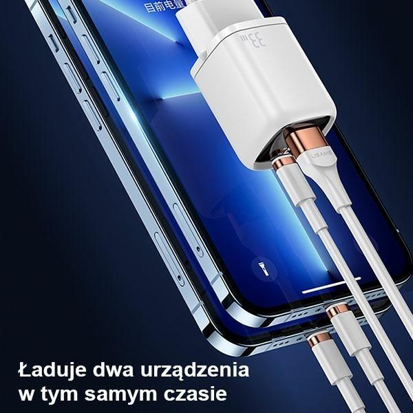 Thumbnail - Usams Ład. siec. 1xUSB-C+1xUSB T46 33W PD3.0 +QC3.0 Fast Charging +kabel U63 USB-C/Lightning biały/w (33 W), USB Ladeger...