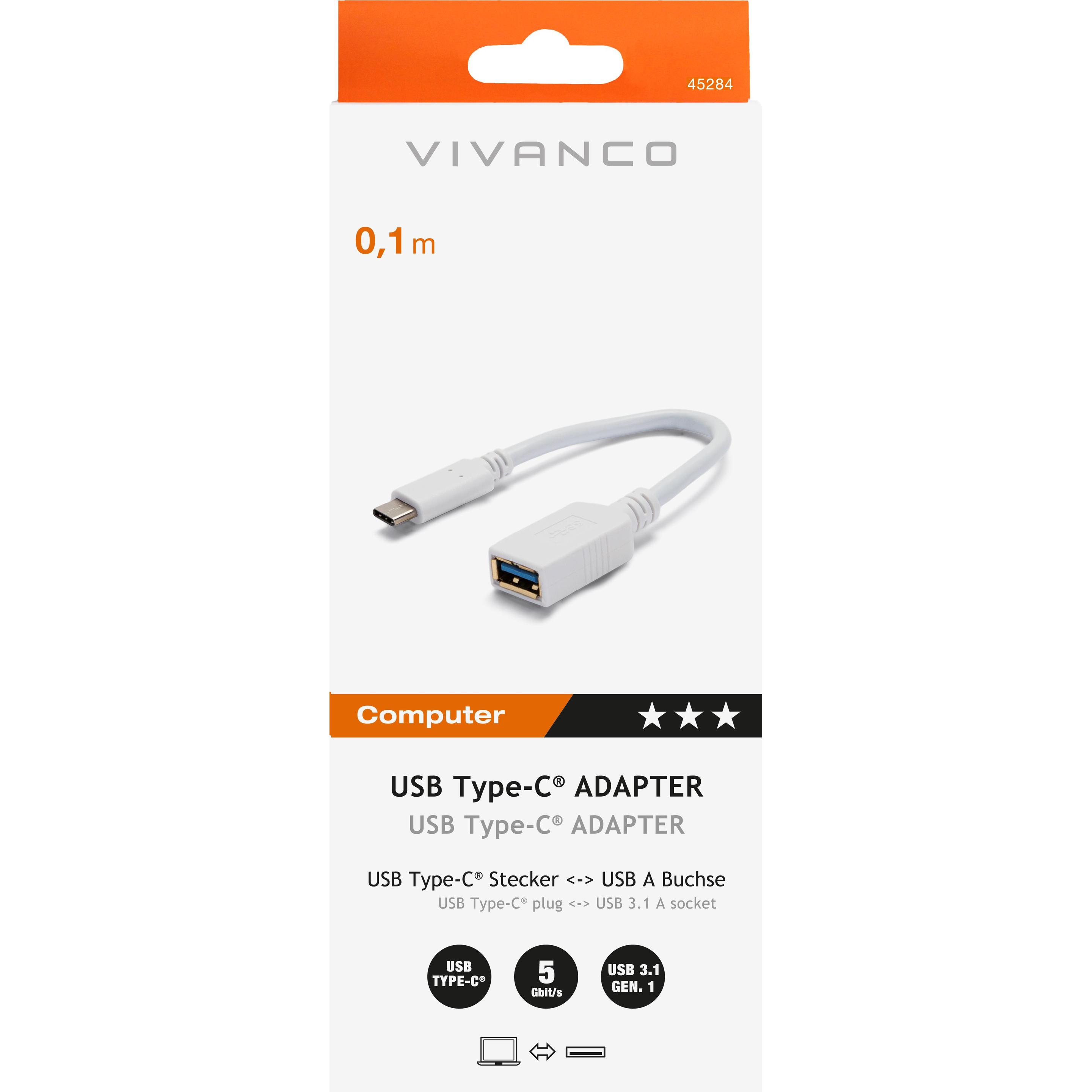 Thumbnail - Vivanco USB 3.0 C-A F-M USB cable USB 3.2 Gen 1 (3.1 Gen 1) USB C USB A White (0.10 m, USB 3.2 Gen 1), USB Kabel