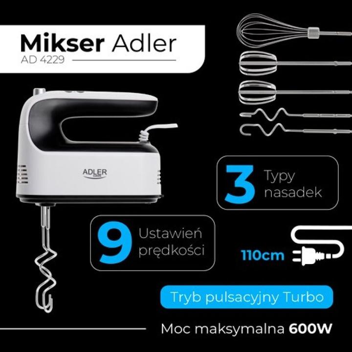 Productafbeelding Adler Mixers en mengers Handmixer | AD 4229 | Handmixer | 600 W | Aantal snelheden 9 | Turbomodus (600 W)
