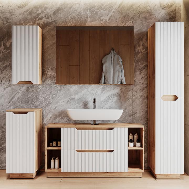 Actual product image Vicco Waschbeckenunterschrank Lotta, Eiche/weiss gestreift, 119.2 x 62.5 cm mit 2 Schubladen (119.20 x 32 x 62.50 cm)