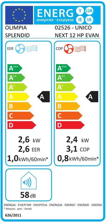 Label énergétique Olimpia Splendid Unico Next 12 Hp Evan (30 m², 8871.57 BTU/h)