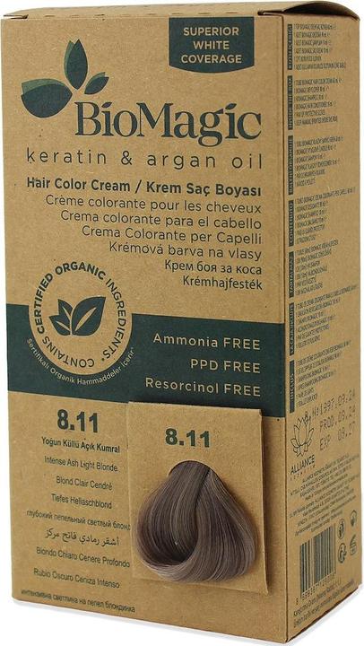 Actual product image Biomagic Permanent Hair Color Keratin & Argan Oil Line Ammonia Free Hair Dye with Certified Organic (8, 11 Intense Ash Light Blonde)