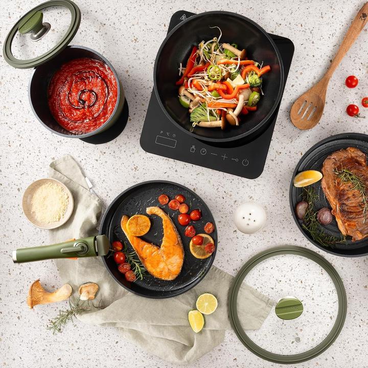 Produktbild MasterPRO Stapelbares 10-teiliges Kochset mit abnehmbarem Griff, keramischer Beschichtung und Thermo-Control (Bratpfanne, Grillpfanne, Kochtopf, Aluminiumguss)