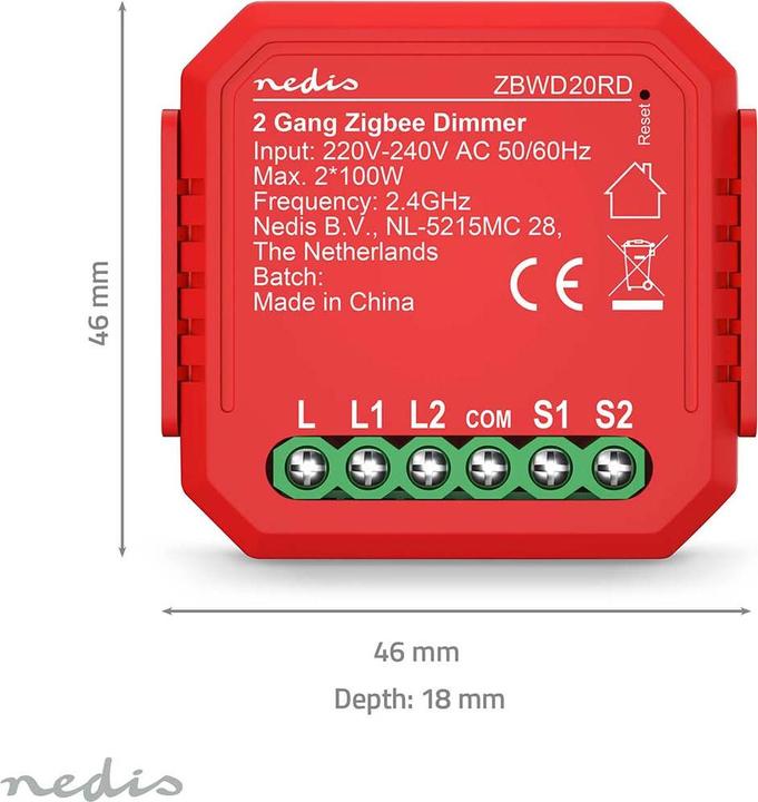 Actual product image Nedis ZBWD20RD SmartLife Power Switch Zigbee 3.0-2x100 W-Terminal Anschluss-App erhältlich für: Andro