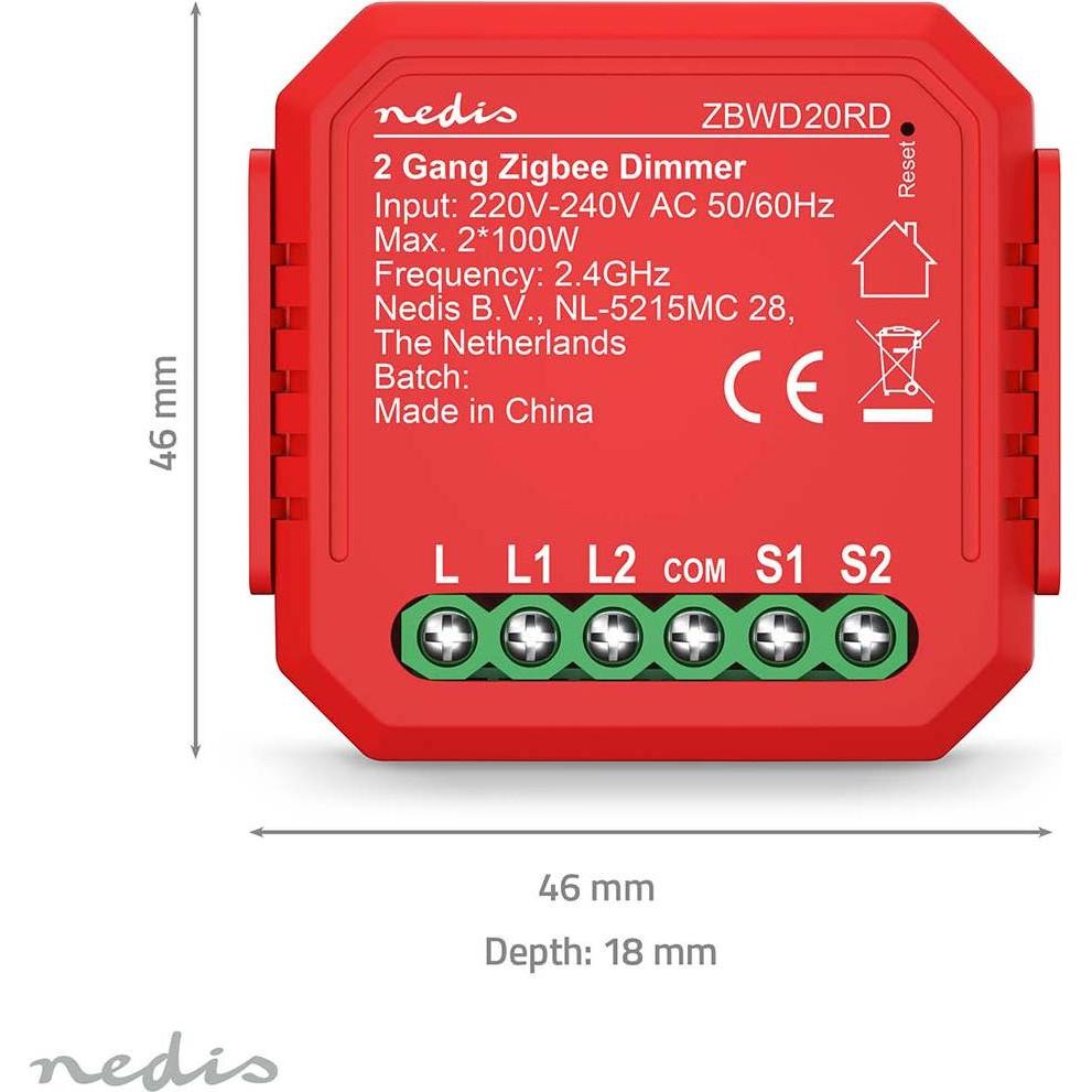 Thumbnail - Nedis, Lichtschalter + Storenschalter, ZBWD20RD SmartLife Power Switch Zigbee 3.0-2x100 W-Terminal Anschluss-App erhältl...