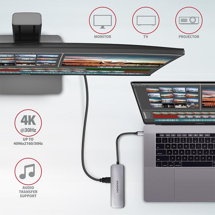 Produktbild Axagon HMC-5 USB-C-Hub, 2x USB-A, HDMI, 2x USB-C 3.2 Gen 1, 1x SD, 1x microSD (USB-C, 2 Ports)
