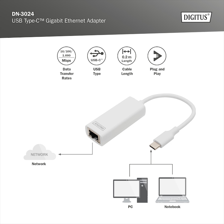 Immagine prodotto Digitus DN-3024 (USB-C 3.0, RJ45 (1x))