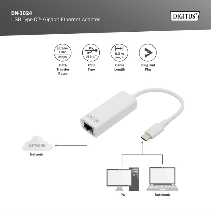 Actual product image Digitus DN-3024 (USB-C 3.0, RJ45 (1x))