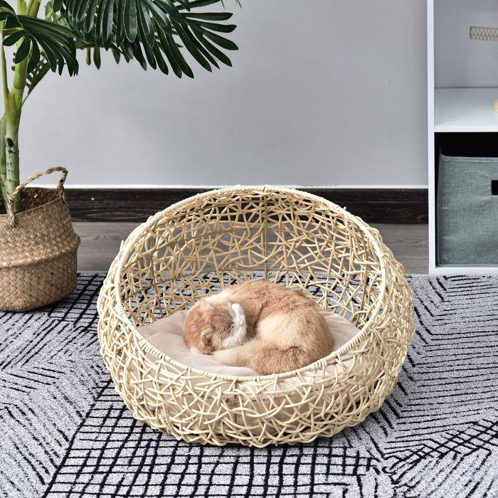 Produktbild Swisshandel24 Katzenbett aus Rattan Katzenhöhle mit Kissen Katzenkorb Hundebett Katzenschlafplatz Hundehütte Tierb (Katze)