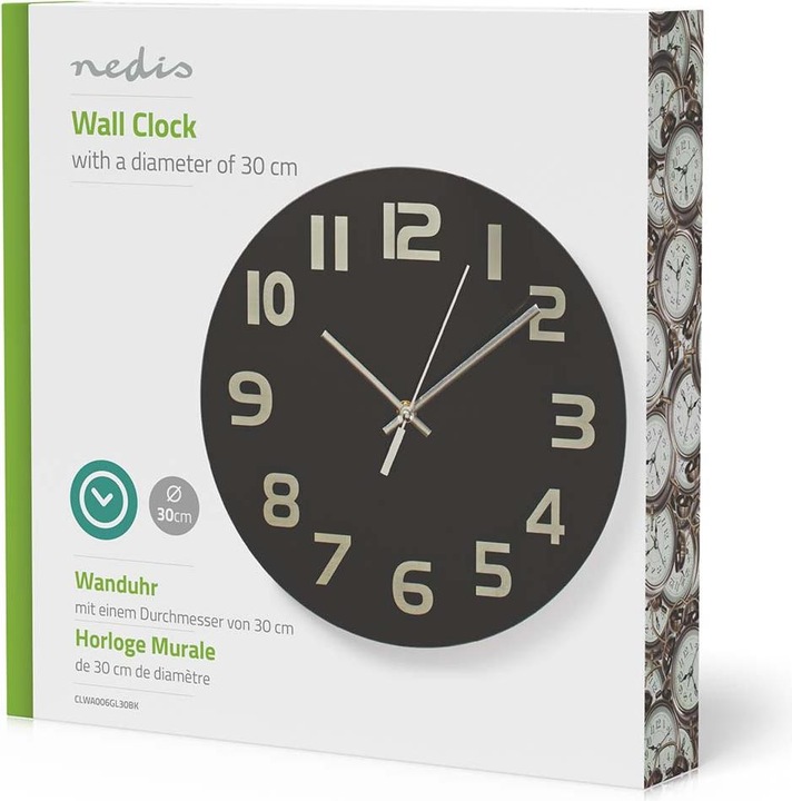 Immagine prodotto Nedis CLWA006GL30BK Orologio da parete circolare, diametro 30 cm, numeri di facile lettura, nero (30 cm)