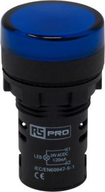 Produktbild RS PRO Leuchtmelder 24V ac/dc Blau, Ausschnitt-Ø 22mm LED Tafelmontage IP 65