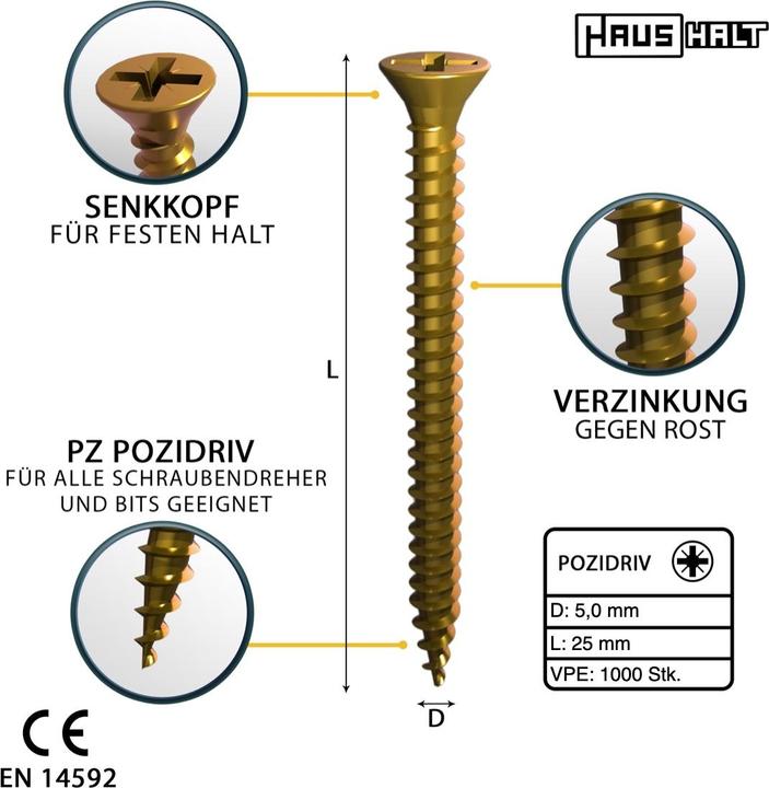 Actual product image Haushalt Universal wood construction screw wood screw 5,0 x 25 mm PZ2 1000 pcs ( 2x 000051371188 ) yellow v (1 Screws per piece)