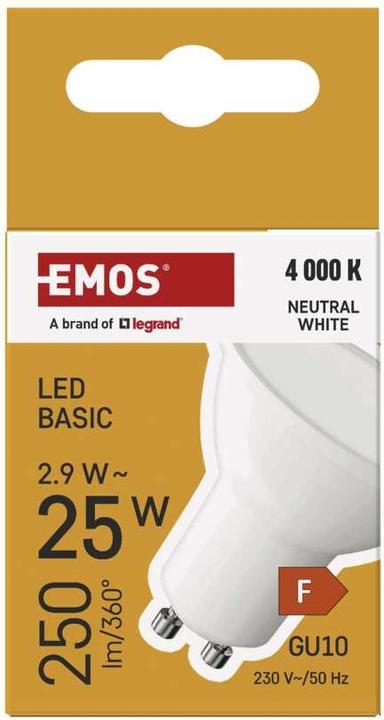 Produktbild Emos LED Lampe Basic MR16 / GU10 / 2,9 W (25 W) / 250 lm / Neutral Weiss (GU10, 2.90 W, 250 lm, 1 x, F)
