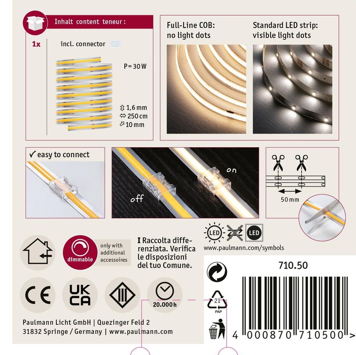 Immagine prodotto Paulmann MaxLED 1000 a riga intera COB a strisce (Bianco caldo, 250 cm, Interno)