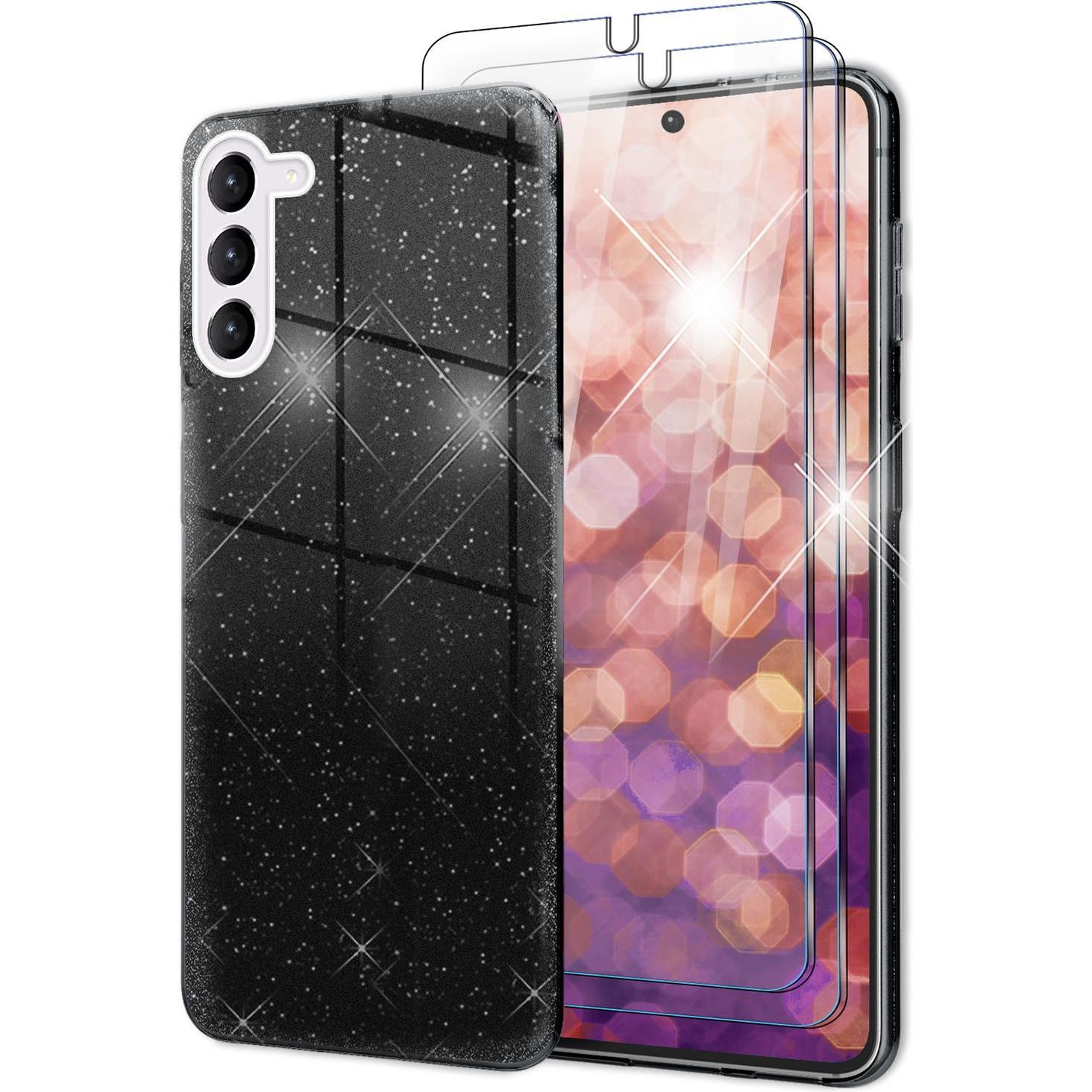 Nalia Glitzer Silikon Hülle mit 2x Displayschutz (Samsung Galaxy S23+), Smartphone Hülle, Schwarz