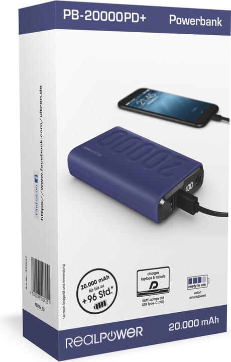 Actual product image RealPower Powerbank PB-20000 PD+ Midnight (20000 mAh, 18 W, 18 Wh)